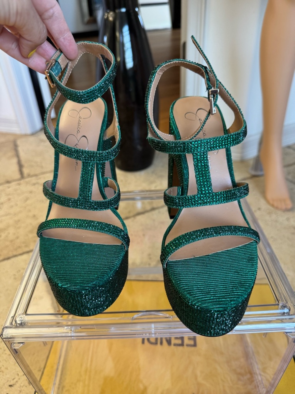 Jessica Simpson Green Glitter Strappy Platform Heels